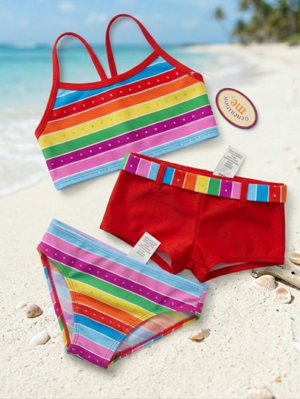 Generation Me Red Multi-colored Three-piece Swimsuit Set